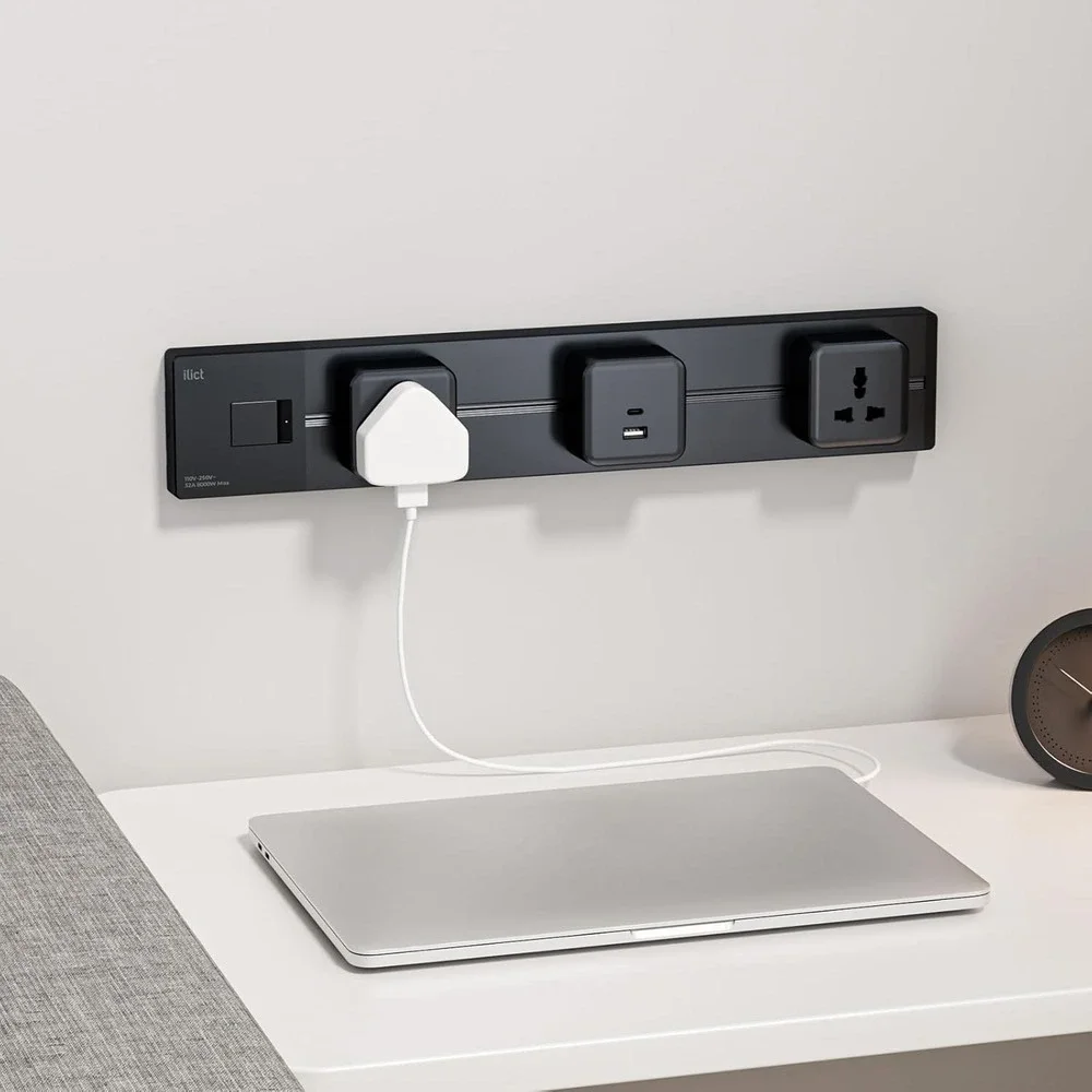 Illus 24in Power Track Socket Outlet 8000W Black Modern‎ Wall Mount USB 3 Outlet